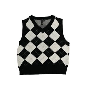 Black and White Argyle Knit Sweater Vest